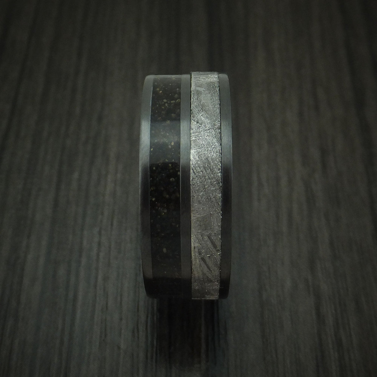 Duke XII - Black Zirconium Dinosaur Bone and Gibeon Meteorite Men's Wedding Ring with Wood Sleeve Fossil Band - view 3 - Nura Lab