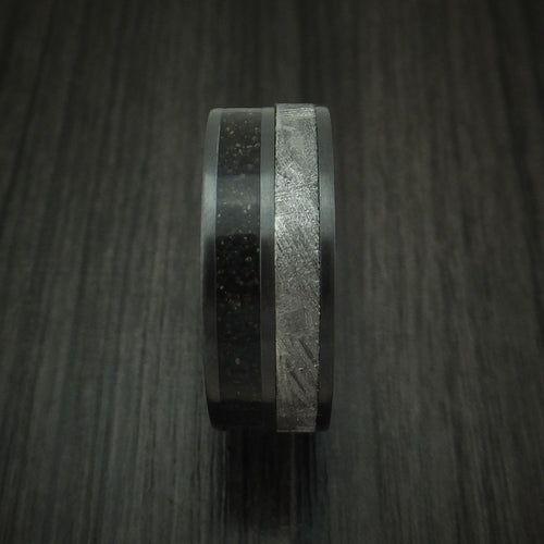 Duke XII - Black Zirconium Dinosaur Bone and Gibeon Meteorite Men's Wedding Ring with Wood Sleeve Fossil Band - view 3 - Nura Lab