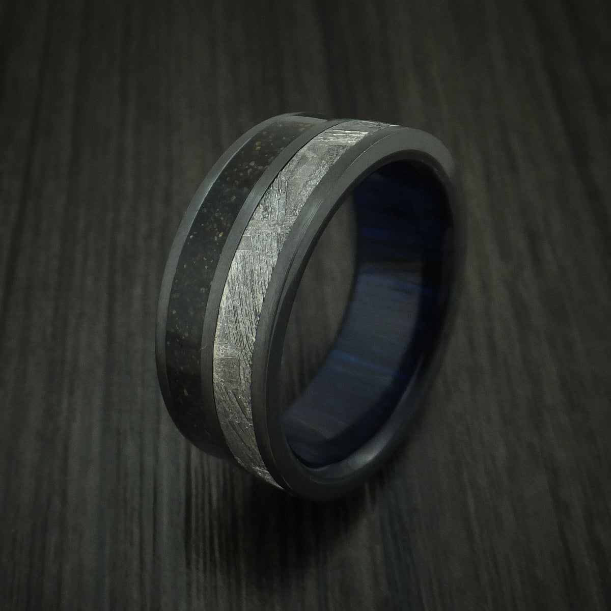 Duke XII - Black Zirconium Dinosaur Bone and Gibeon Meteorite Men's Wedding Ring with Wood Sleeve Fossil Band - view 4 - Nura Lab