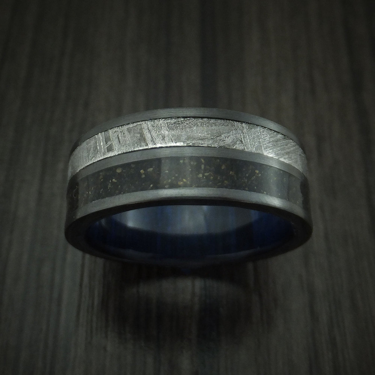 Duke XII - Black Zirconium Dinosaur Bone and Gibeon Meteorite Men's Wedding Ring with Wood Sleeve Fossil Band - view 2 - Nura Lab