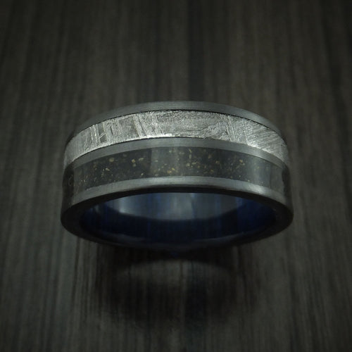 Duke XII - Black Zirconium Dinosaur Bone and Gibeon Meteorite Men's Wedding Ring with Wood Sleeve Fossil Band - view 2 - Nura Lab