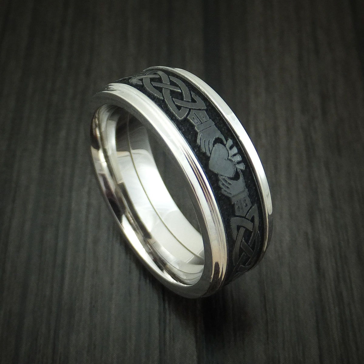 Sentinel XVIII - 14K Gold And Black Zirconium Celtic Claddagh Band Men's Wedding Ring - Nura Lab