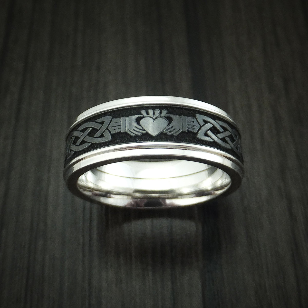 Sentinel XVIII - 14K Gold And Black Zirconium Celtic Claddagh Band Men's Wedding Ring - view 2 - Nura Lab