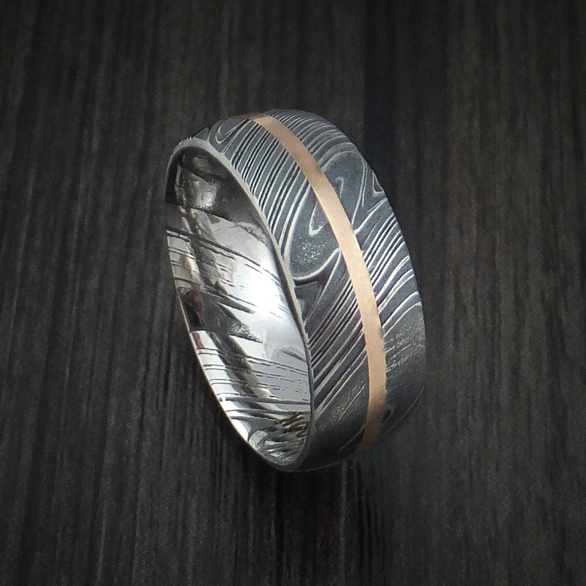 Steel IX - Woodgrain Kuro Damascus Steel Men's Ring and 14k Rose Gold Wedding Ring Genuine Craftsmanship - Nura Lab