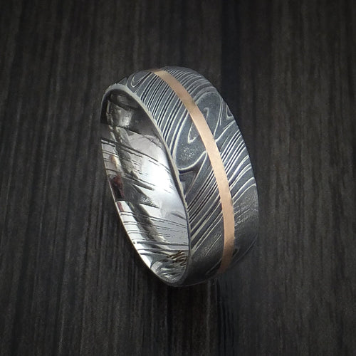Steel IX - Woodgrain Kuro Damascus Steel Men's Ring and 14k Rose Gold Wedding Ring Genuine Craftsmanship - Nura Lab