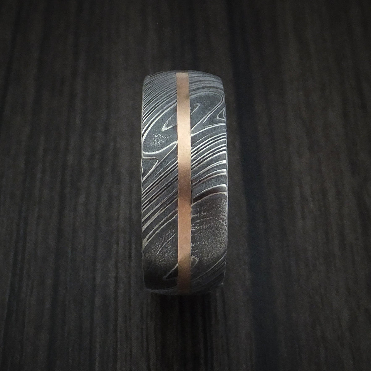 Steel IX - Woodgrain Kuro Damascus Steel Men's Ring and 14k Rose Gold Wedding Ring Genuine Craftsmanship - view 4 - Nura Lab