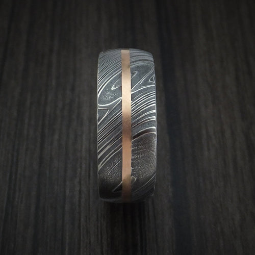 Steel IX - Woodgrain Kuro Damascus Steel Men's Ring and 14k Rose Gold Wedding Ring Genuine Craftsmanship - view 4 - Nura Lab