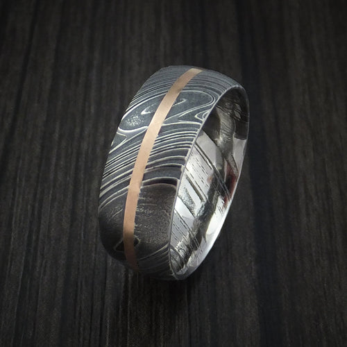 Steel IX - Woodgrain Kuro Damascus Steel Men's Ring and 14k Rose Gold Wedding Ring Genuine Craftsmanship - view 3 - Nura Lab