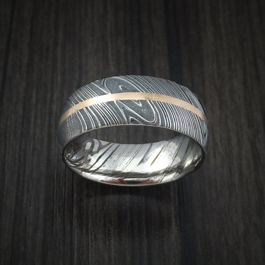 Steel IX - Woodgrain Kuro Damascus Steel Men's Ring and 14k Rose Gold Wedding Ring Genuine Craftsmanship - view 2 - Nura Lab