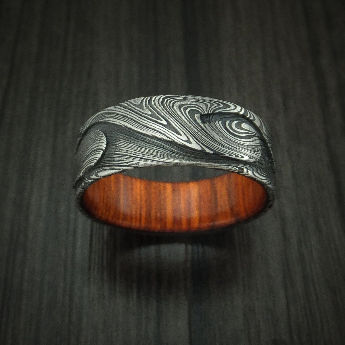Commander IX - Marble Kuro Damascus Steel Wave Men's Wedding Ring with Wood Sleeve - view 2 - Nura Lab