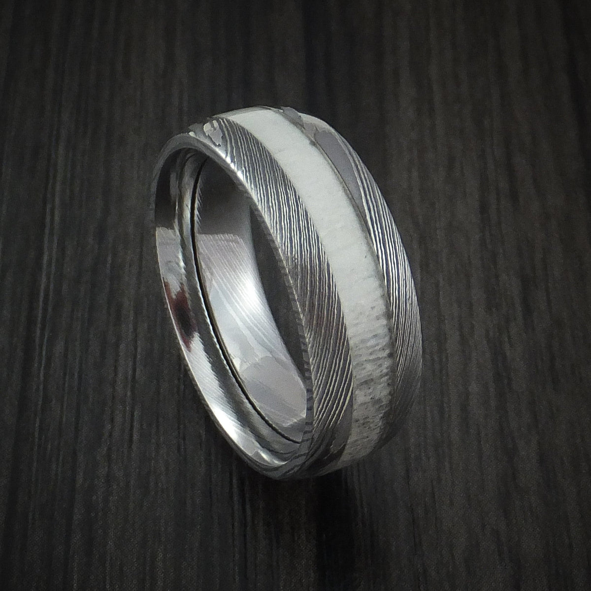 Iron IX - Antler Men's Ring inlaid in Solid Damascus Steel Hunters Wedding Ring - Nura Lab