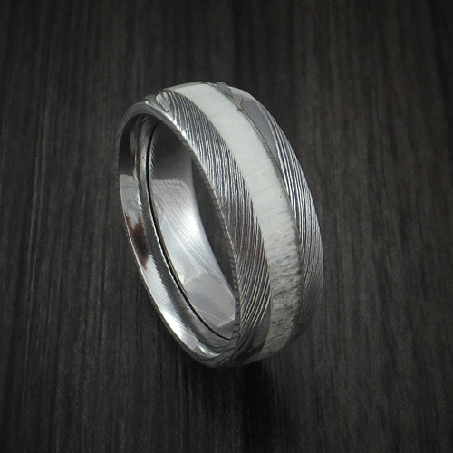 Iron IX - Antler Men's Ring inlaid in Solid Damascus Steel Hunters Wedding Ring - Nura Lab