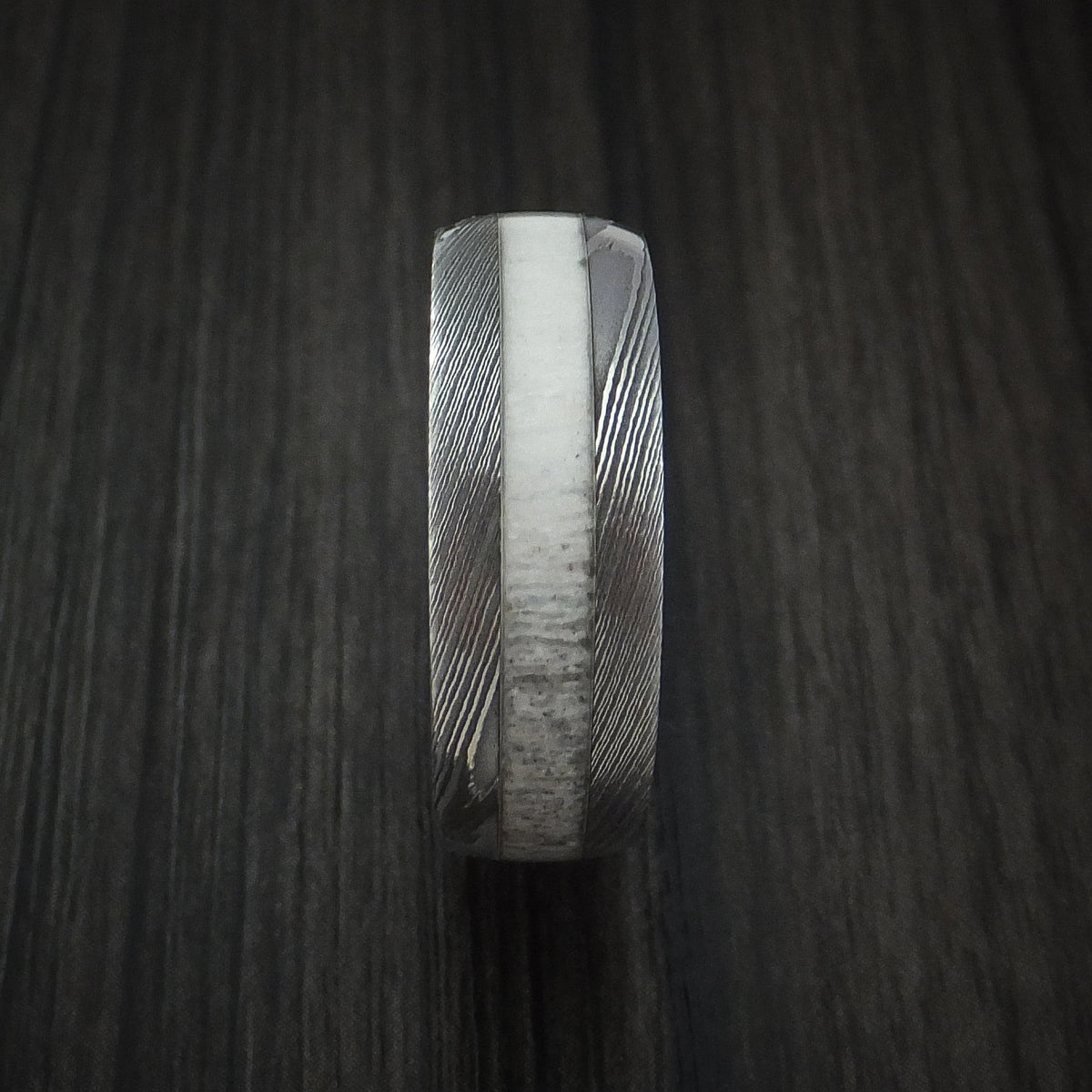 Iron IX - Antler Men's Ring inlaid in Solid Damascus Steel Hunters Wedding Ring - view 3 - Nura Lab
