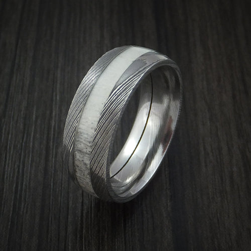 Iron IX - Antler Men's Ring inlaid in Solid Damascus Steel Hunters Wedding Ring - view 4 - Nura Lab