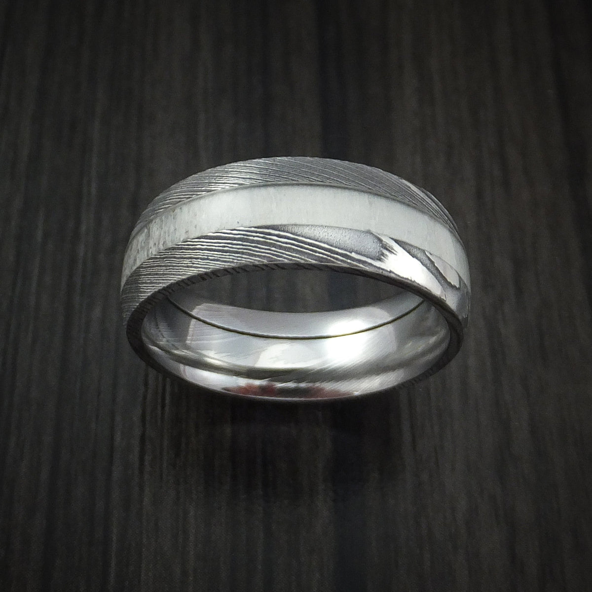 Iron IX - Antler Men's Ring inlaid in Solid Damascus Steel Hunters Wedding Ring - view 2 - Nura Lab