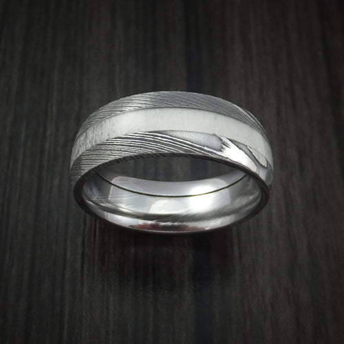 Iron IX - Antler Men's Ring inlaid in Solid Damascus Steel Hunters Wedding Ring - view 2 - Nura Lab