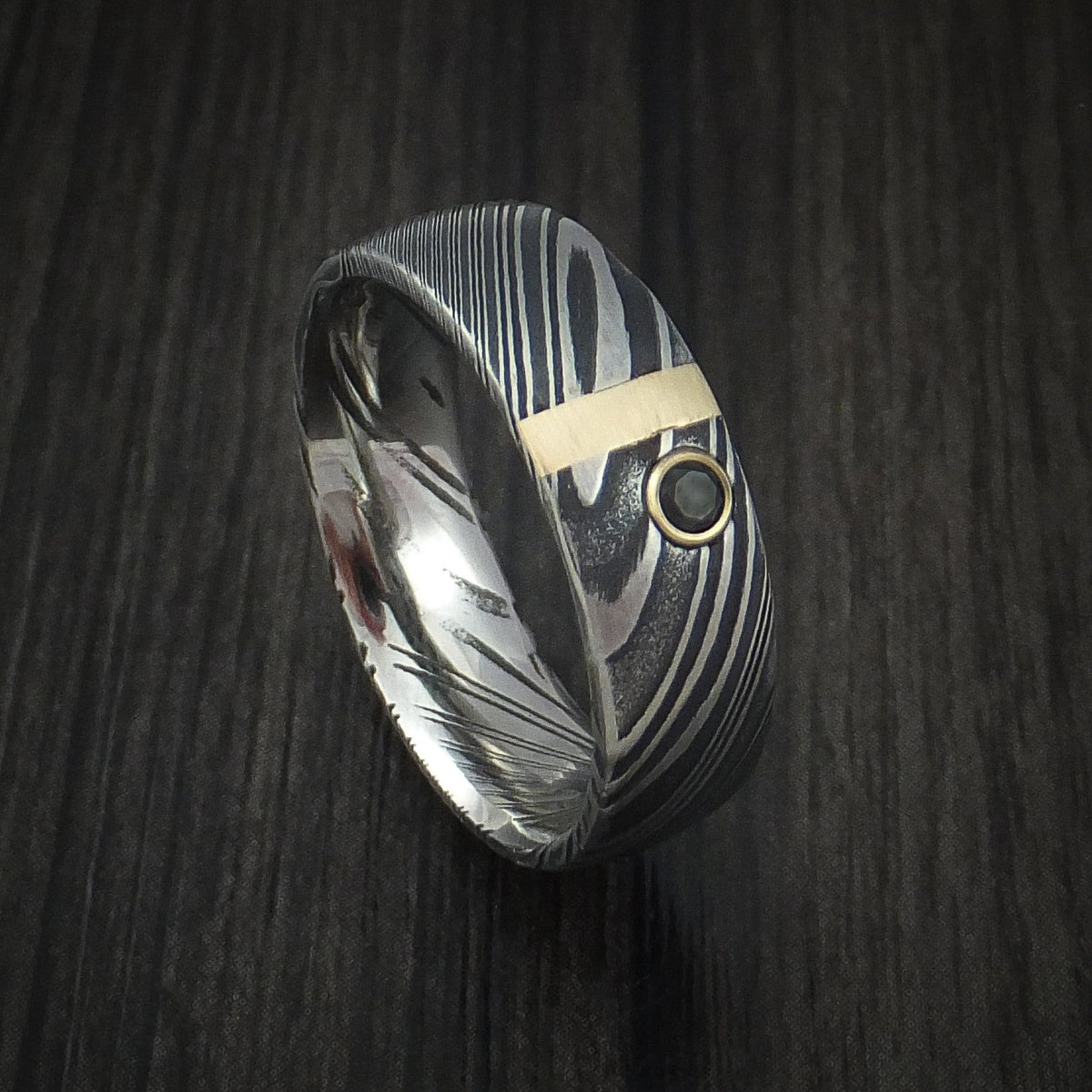 Ash X - Woodgrain Kuro Damascus Steel Men's Wedding Ring with 14k Yellow Gold and Black Diamond Band - Nura Lab