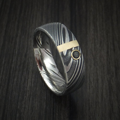 Ash X - Woodgrain Kuro Damascus Steel Men's Wedding Ring with 14k Yellow Gold and Black Diamond Band - Nura Lab