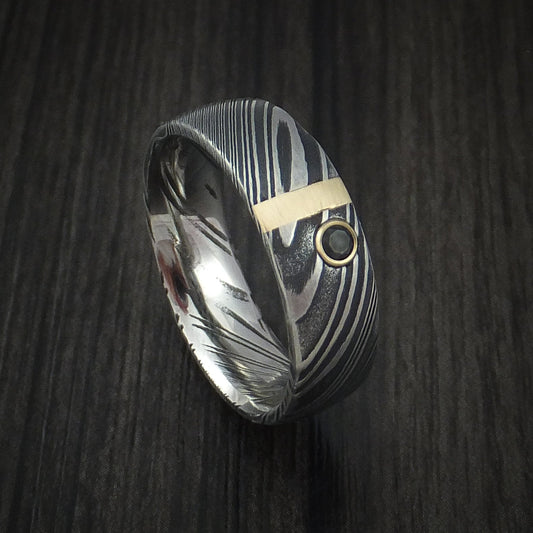 Ash X - Woodgrain Kuro Damascus Steel Men's Wedding Ring with 14k Yellow Gold and Black Diamond Band - Nura Lab