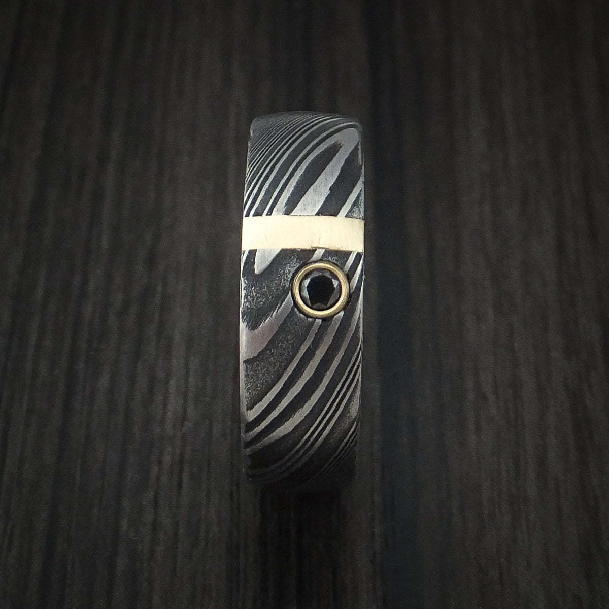Ash X - Woodgrain Kuro Damascus Steel Men's Wedding Ring with 14k Yellow Gold and Black Diamond Band - view 2 - Nura Lab