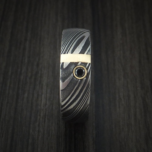 Ash X - Woodgrain Kuro Damascus Steel Men's Wedding Ring with 14k Yellow Gold and Black Diamond Band - view 2 - Nura Lab