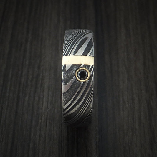Ash X - Woodgrain Kuro Damascus Steel Men's Wedding Ring with 14k Yellow Gold and Black Diamond Band - view 2 - Nura Lab