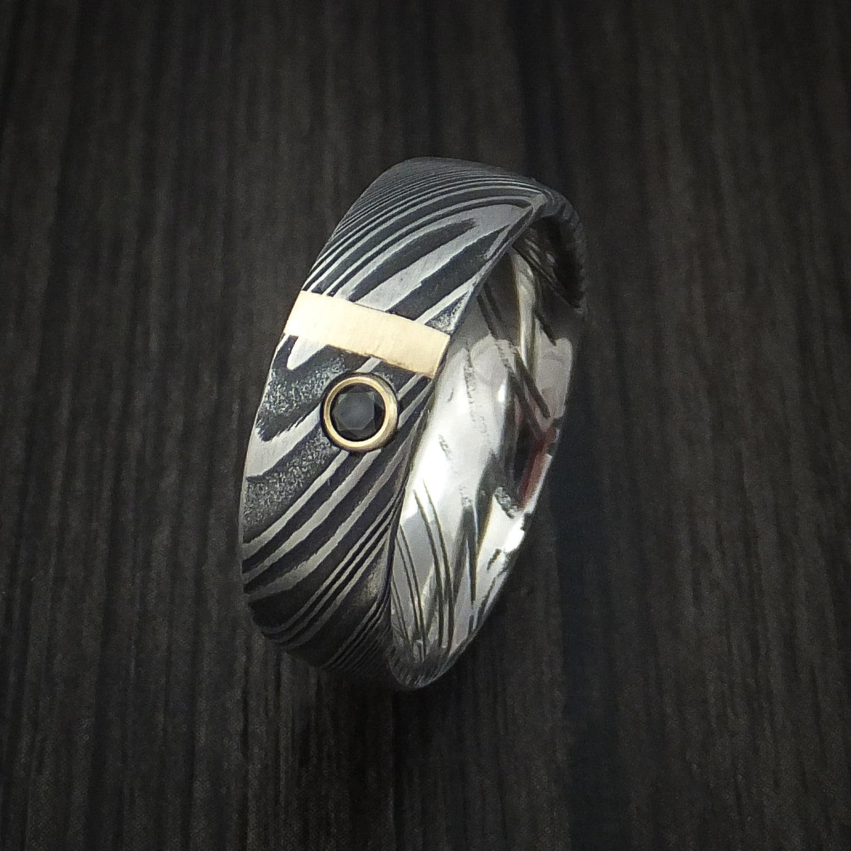 Ash X - Woodgrain Kuro Damascus Steel Men's Wedding Ring with 14k Yellow Gold and Black Diamond Band - view 3 - Nura Lab
