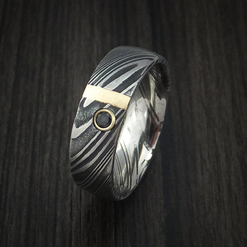 Ash X - Woodgrain Kuro Damascus Steel Men's Wedding Ring with 14k Yellow Gold and Black Diamond Band - view 3 - Nura Lab