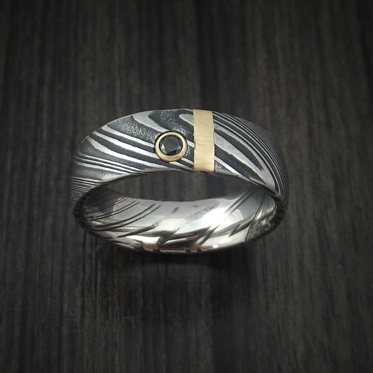 Ash X - Woodgrain Kuro Damascus Steel Men's Wedding Ring with 14k Yellow Gold and Black Diamond Band - view 4 - Nura Lab