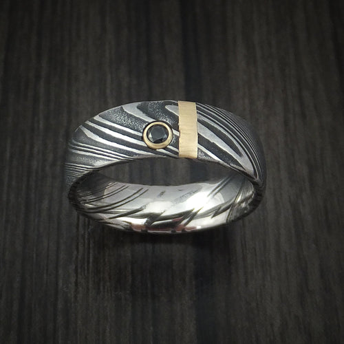 Ash X - Woodgrain Kuro Damascus Steel Men's Wedding Ring with 14k Yellow Gold and Black Diamond Band - view 4 - Nura Lab