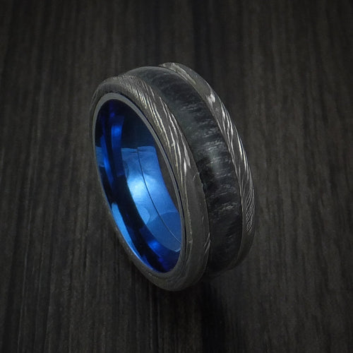Valorant IX - Damascus Steel Men's Wedding Ring inlaid with Charcoal Hard Wood with Anodized Sleeve - Nura Lab