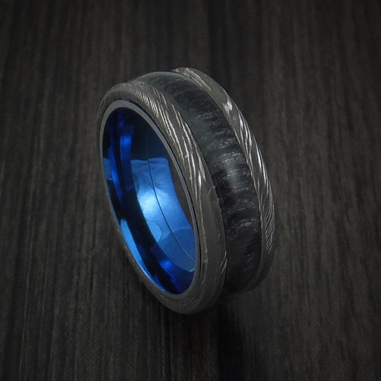 Valorant IX - Damascus Steel Men's Wedding Ring inlaid with Charcoal Hard Wood with Anodized Sleeve - Nura Lab