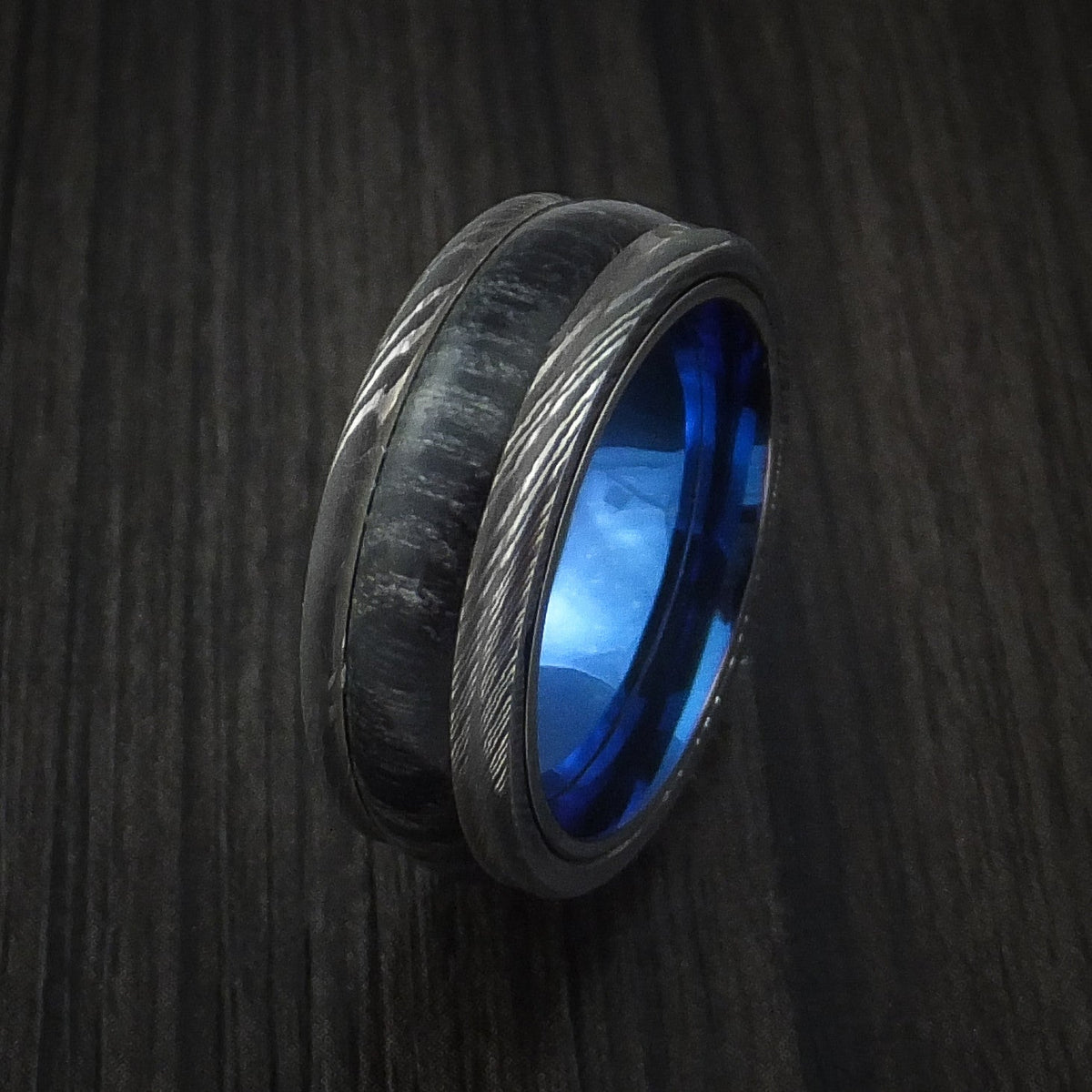 Valorant IX - Damascus Steel Men's Wedding Ring inlaid with Charcoal Hard Wood with Anodized Sleeve - view 4 - Nura Lab