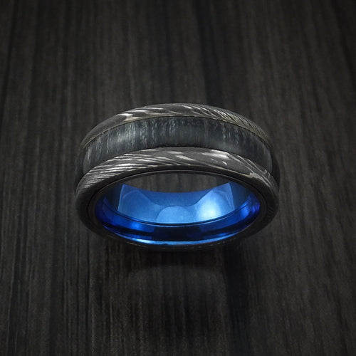 Valorant IX - Damascus Steel Men's Wedding Ring inlaid with Charcoal Hard Wood with Anodized Sleeve - view 2 - Nura Lab