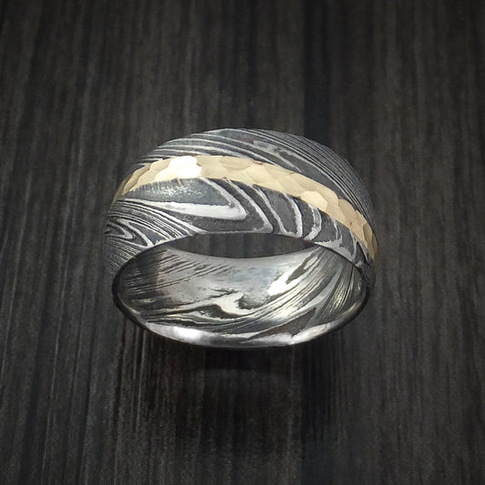 Echelon XI - Woodgrain Kuro Damascus Steel Men's Ring and 14k Yellow Gold Hammered Wedding Ring Genuine Craftsmanship - view 2 - Nura Lab