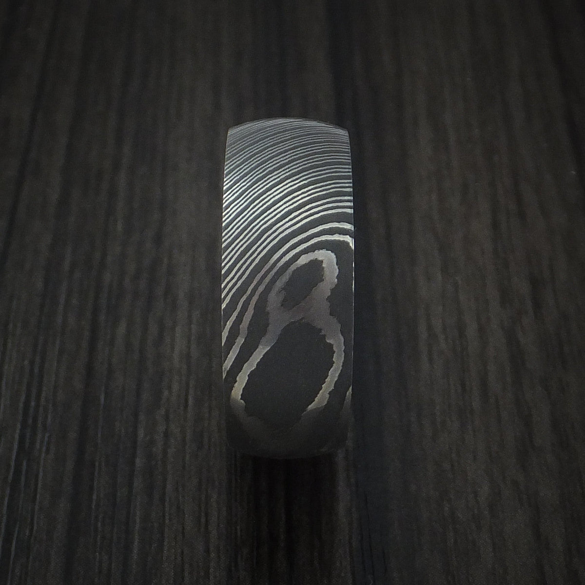 Dominion X - Damascus Steel Men's Wedding Ring with Spalted Tamarind Hardwood Interior Sleeve - view 3 - Nura Lab