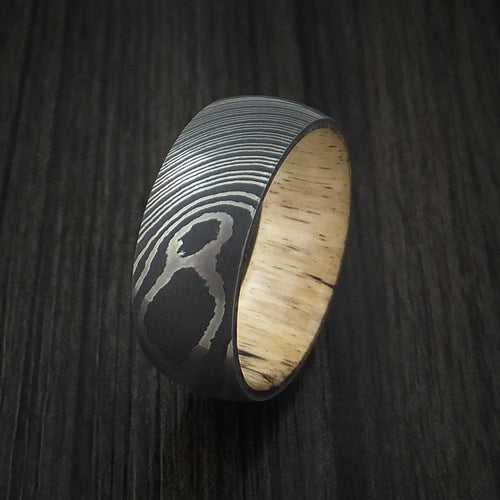 Dominion X - Damascus Steel Men's Wedding Ring with Spalted Tamarind Hardwood Interior Sleeve - view 4 - Nura Lab