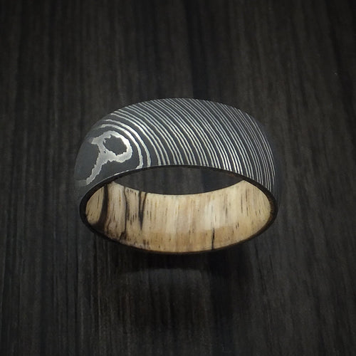 Dominion X - Damascus Steel Men's Wedding Ring with Spalted Tamarind Hardwood Interior Sleeve - view 2 - Nura Lab