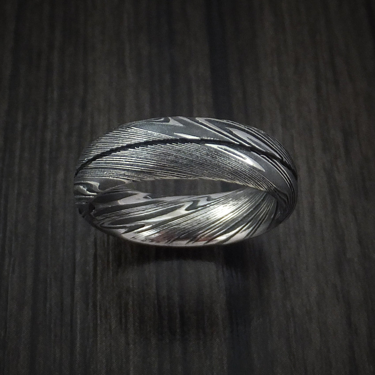 Overlander IX - Woodgrain Kuro Damascus Steel Men's Ring Wedding Ring Genuine Craftsmanship - view 2 - Nura Lab