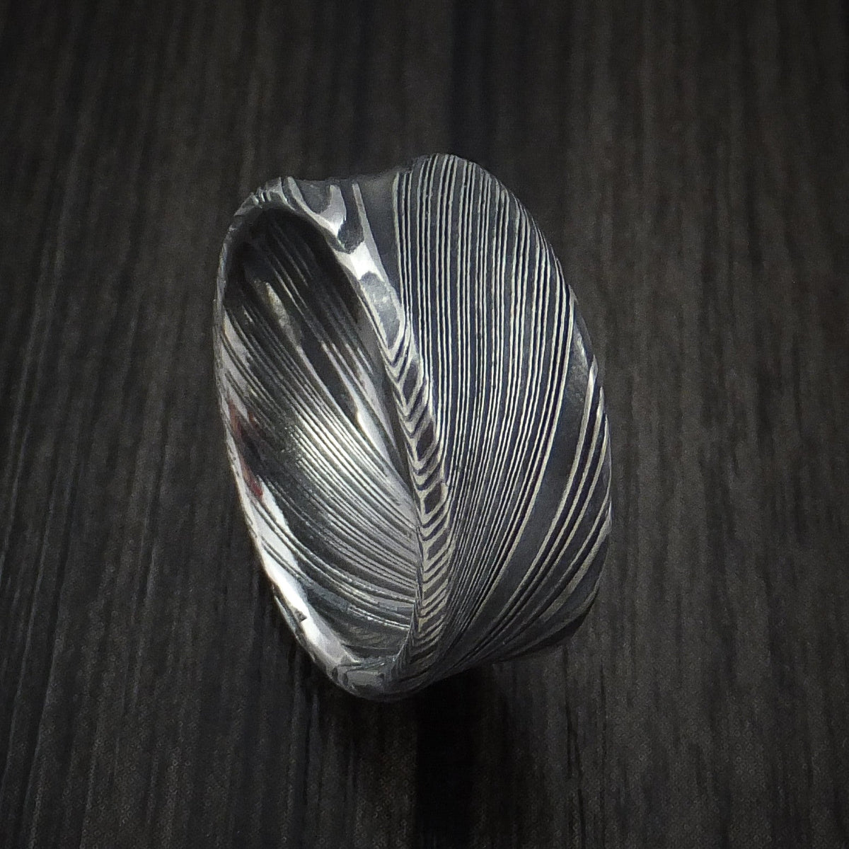 Granite X - Woodgrain Kuro Damascus Steel Men's Ring Concave Shape Wedding Ring - Nura Lab