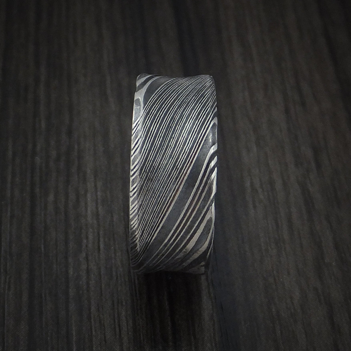 Granite X - Woodgrain Kuro Damascus Steel Men's Ring Concave Shape Wedding Ring - view 3 - Nura Lab