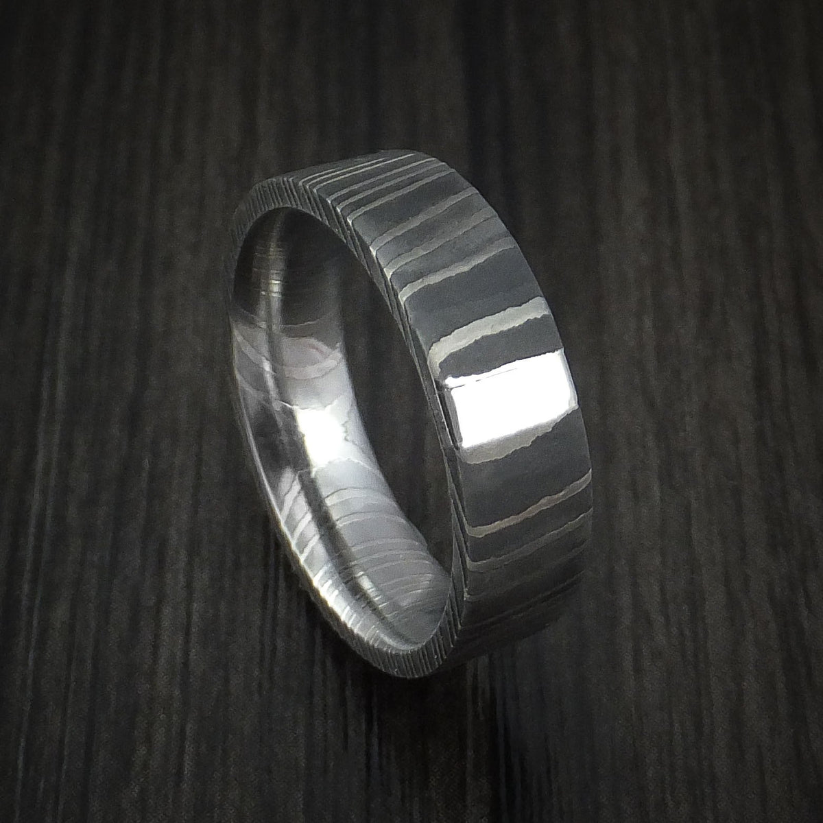 Tasman XI - Damascus Steel and Platinum Men's Wedding Ring Band - Nura Lab