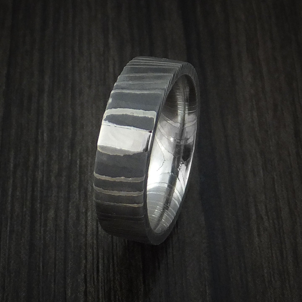 Tasman XI - Damascus Steel and Platinum Men's Wedding Ring Band - view 4 - Nura Lab