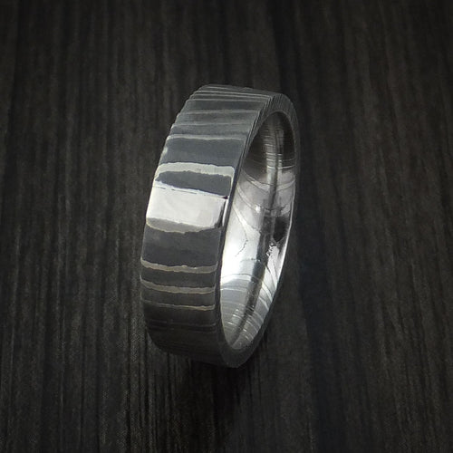 Tasman XI - Damascus Steel and Platinum Men's Wedding Ring Band - view 4 - Nura Lab