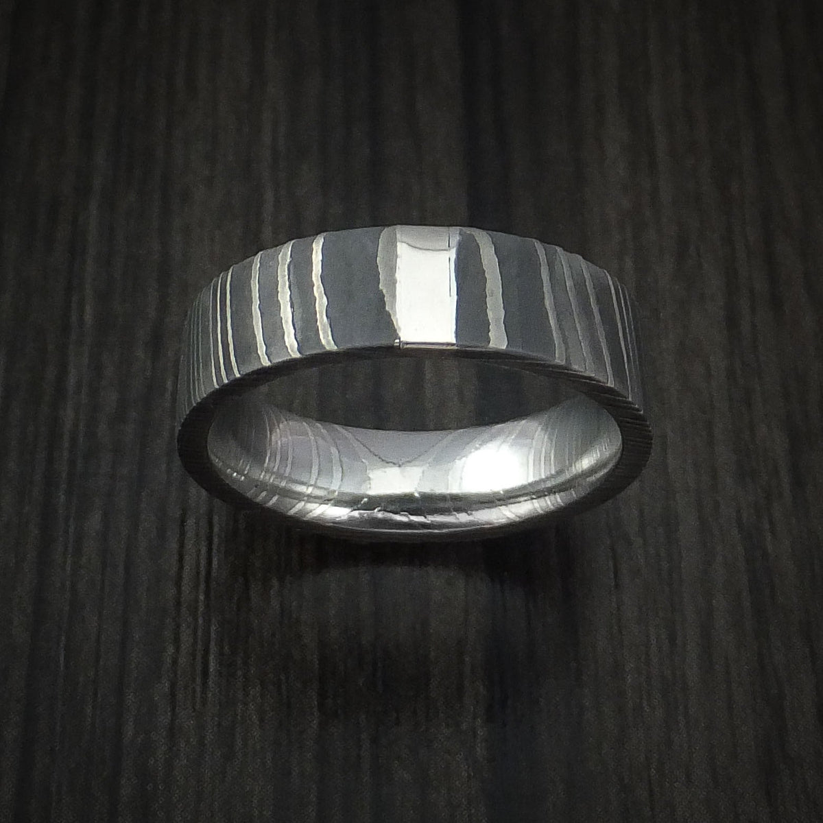 Tasman XI - Damascus Steel and Platinum Men's Wedding Ring Band - view 2 - Nura Lab