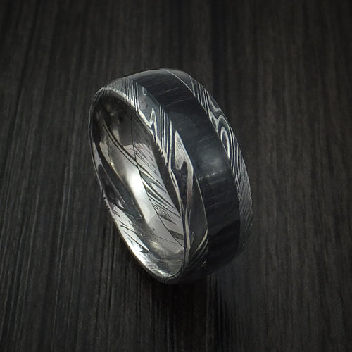 Onyx X - Woodgrain Kuro Damascus Steel Men's Wedding Ring with Charcoal Hardwood Inlay Band - Nura Lab