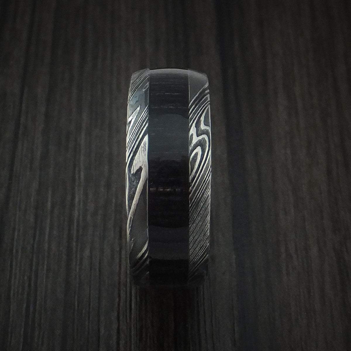 Onyx X - Woodgrain Kuro Damascus Steel Men's Wedding Ring with Charcoal Hardwood Inlay Band - view 3 - Nura Lab