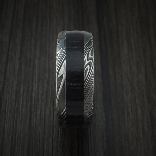 Onyx X - Woodgrain Kuro Damascus Steel Men's Wedding Ring with Charcoal Hardwood Inlay Band - view 3 - Nura Lab