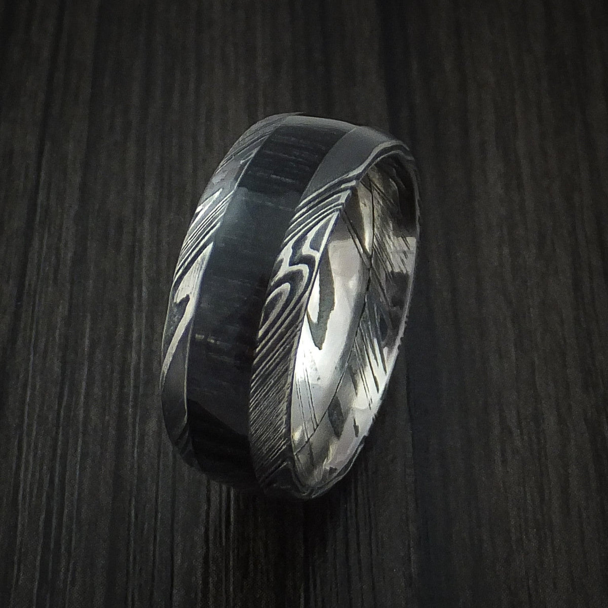 Onyx X - Woodgrain Kuro Damascus Steel Men's Wedding Ring with Charcoal Hardwood Inlay Band - view 4 - Nura Lab
