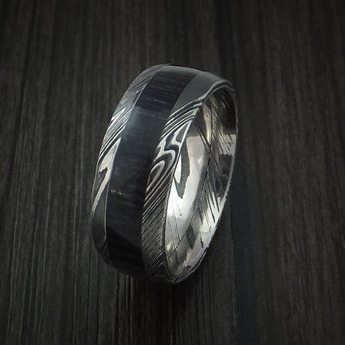 Onyx X - Woodgrain Kuro Damascus Steel Men's Wedding Ring with Charcoal Hardwood Inlay Band - view 4 - Nura Lab